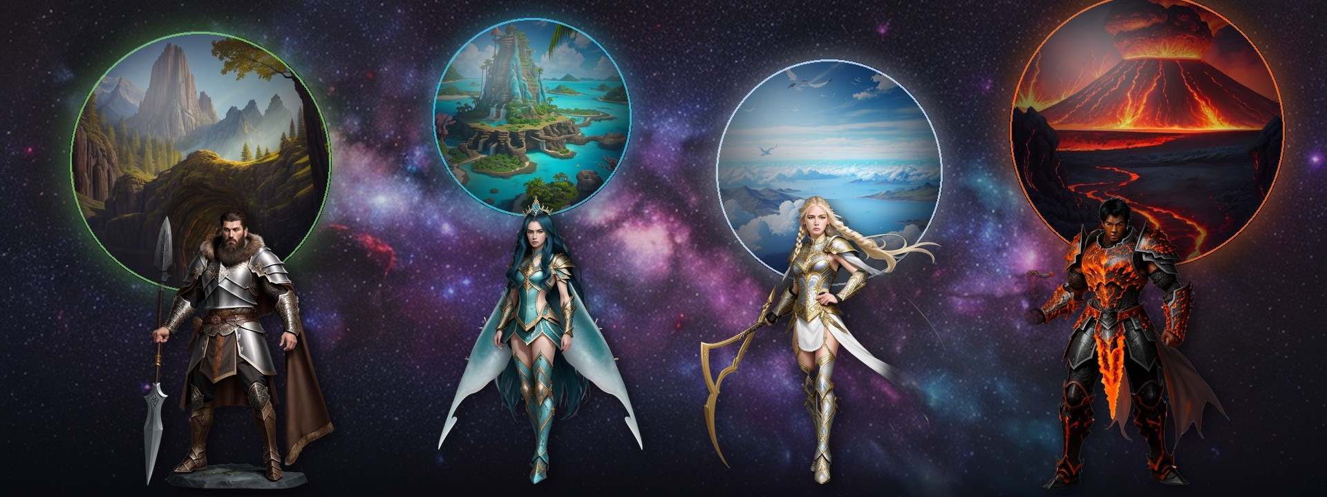 I quattro esploratori di Charly's Worlds Game davanti ai mondi di Terra, Acqua, Aria e Fuoco